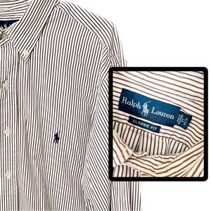 VINTAGE RALPH LAUREN SHIRT BROWN WHITE STRIPED WITH LOGO